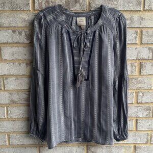 Knox Rose Long Sleeve Tie Neck Gray/White Striped Boho Blouse Women's Size L